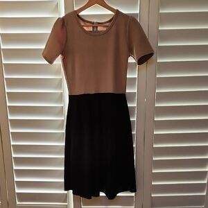 LuLaRoe Tan and Black Fit and Flare Midi Dress Crew Neck